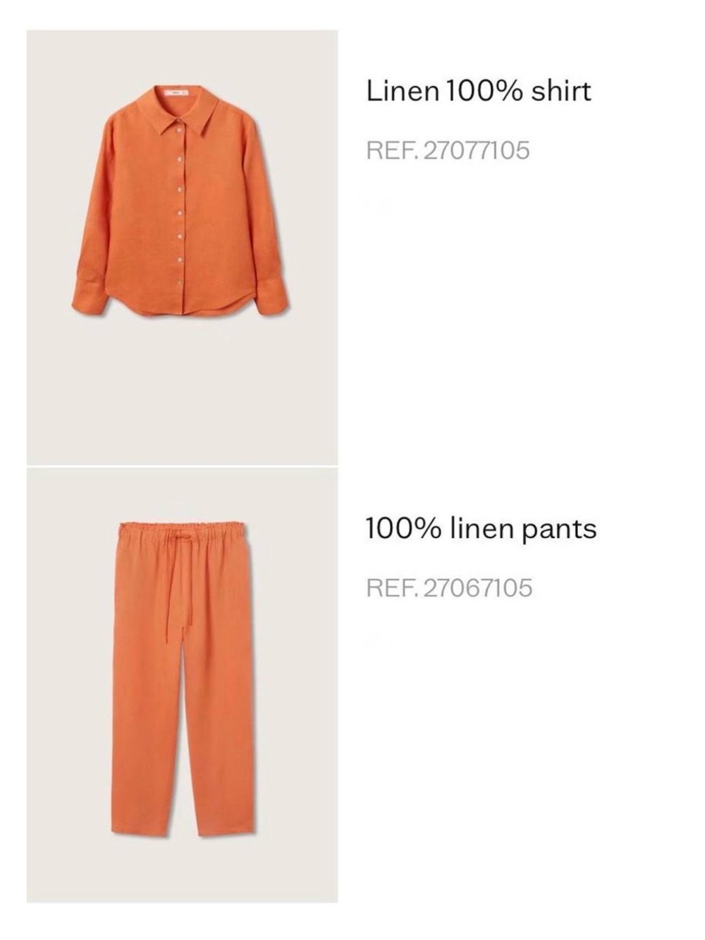 Mango Mandarin Orange 100% Linen Button-Down Shirt XL and Pants S